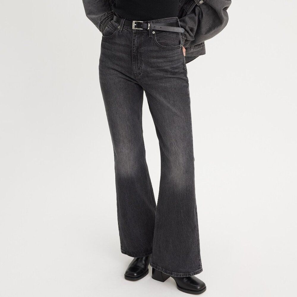 Levi's Premium 70s High Flare Jeans Washed Black Denim High Rise Wide Leg Retro